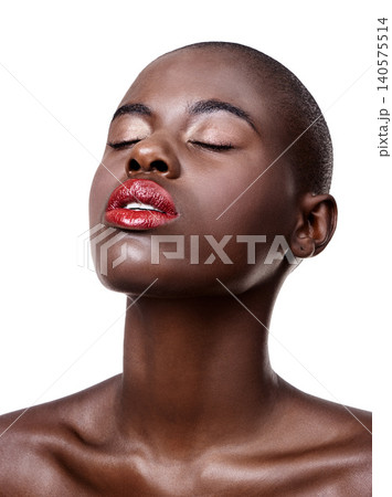African, face and beauty from makeup in studio on white background with glow on skin from dermatology. Calm, model and lipstick from cosmetics and black woman with healthy skincare in mockup African, face and beauty from makeup in studio on white background with glow on skin from dermatology. Calm, model and lipstick from cosmetics and black woman with healthy skincare in mockup 140575514