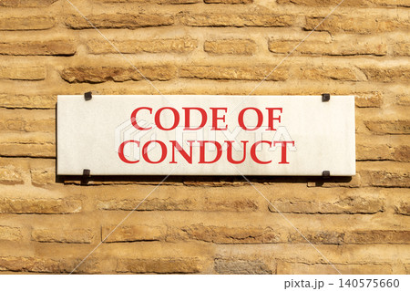 Code of conduct words symbol. Concept words Code of conduct on beautiful white sign plate. Beautiful brown brick wall background. Business Code of conduct concept. Copy space. Code of conduct words symbol. Concept words Code of conduct on beautiful white sign plate. Beautiful brown brick wall background. Business Code of conduct concept. Copy space. 140575660