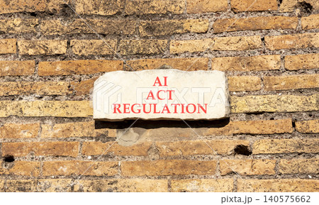 AI act regulation words symbol. Concept words AI artificial intelligence act regulation on beautiful white sign plate. Beautiful brick wall background. Business AI act regulation concept. Copy space. 140575662