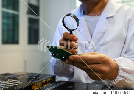 Technician in a white lab coat inspects a circuit board with a magnifying glass in a clean workspace, showing electronics repair, quality control and careful testing. Technician in a white lab coat inspects a circuit board with a magnifying glass in a clean workspace, showing electronics repair, quality control and careful testing. 140575696
