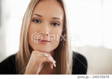 Woman, portrait and thinking for relax and idea for future or plan in home or indoor on weekend. Young person and face for thoughtful and pensive for contemplate with style and glamour on mockup 140576079