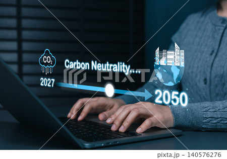 Carbon neutrality roadmap concept. Target timeline arrow from CO2 reduction to sustainable eco city on globe by year 2050 with climate goals, net zero emissions, and environmental strategy icons. 140576276