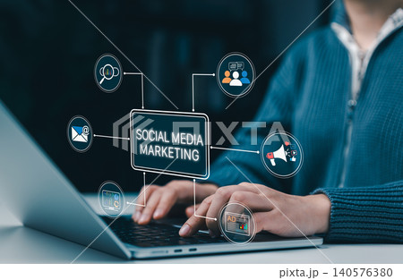 Social media marketing strategy and digital campaign concept. online branding workflow, online advertising, audience engagement. icons for email, audience, ads, analytics, search, SEO, and promotion. 140576380