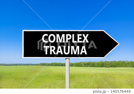 Complex trauma words symbol. Concept words Complex trauma on beautiful black road sign. Beautiful blue sky green field background. Psychological complex trauma support concept. Copy space. Complex trauma words symbol. Concept words Complex trauma on beautiful black road sign. Beautiful blue sky green field background. Psychological complex trauma support concept. Copy space. 140576449