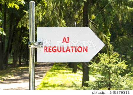 AI regulation symbol. Concept words AI artificial intelligence regulation on beautiful white road sign. Beautiful forest background. Business AI artificial intelligence regulation concept. Copy space AI regulation symbol. Concept words AI artificial intelligence regulation on beautiful white road sign. Beautiful forest background. Business AI artificial intelligence regulation concept. Copy space 140576511