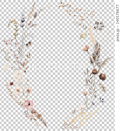 Watercolor wreath with brown, dark red and beige wildflowers, rustic event stationery illustration Watercolor wreath with brown, dark red and beige wildflowers, rustic event stationery illustration 140576677