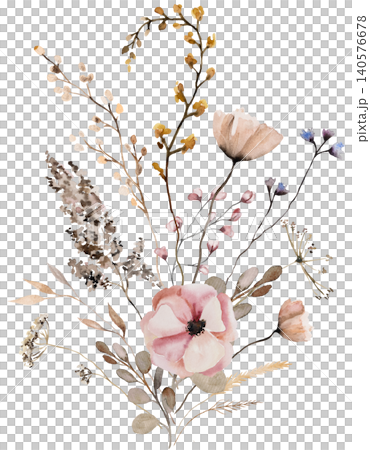 Watercolor bouquet with brown, dark red and beige wildflowers, rustic event stationery illustration Watercolor bouquet with brown, dark red and beige wildflowers, rustic event stationery illustration 140576678
