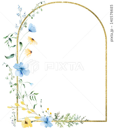 Floral frame with pale blue and yellow watercolor wildflowers, hand drawn wedding illustration Floral frame with pale blue and yellow watercolor wildflowers, hand drawn wedding illustration 140576685