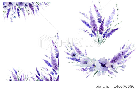 Watercolor frame and bouquet clipart with lavender flowers, summer event stationery illustration 140576686