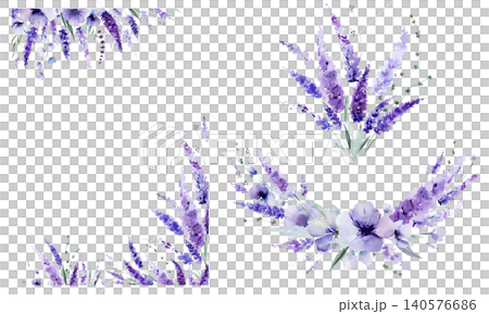 Watercolor frame and bouquet clipart with lavender flowers, summer event stationery illustration 140576686