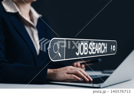 Job search and career opportunity concept. Businesswoman search for job opportunities on laptop with virtual search bar interface. online job hunting, career growth, and employment opportunities. Job search and career opportunity concept. Businesswoman search for job opportunities on laptop with virtual search bar interface. online job hunting, career growth, and employment opportunities. 140576713