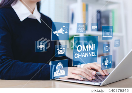 OmniChannel marketing concept. Businessman Woman using laptop with digital icons represent omni channel marketing. email, e-commerce, social media, analytics, customer engagement, multichannel market, OmniChannel marketing concept. Businessman Woman using laptop with digital icons represent omni channel marketing. email, e-commerce, social media, analytics, customer engagement, multichannel market, 140576846