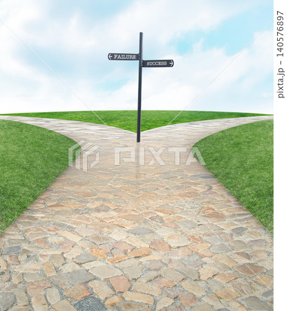 Fork, road or crossroads for direction on path, abstract or choice in life on future career. Decision point, journey or street for failure or success, destiny or opportunity for trouble or victory Fork, road or crossroads for direction on path, abstract or choice in life on future career. Decision point, journey or street for failure or success, destiny or opportunity for trouble or victory 140576897