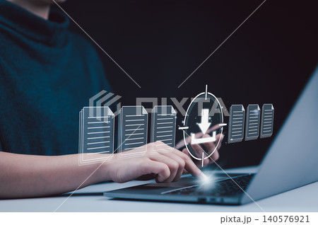 File download and data transfer technology concept. Woman using laptop and smartphone with digital file icons and download symbol, representing modern data transfer and file management. security tech, File download and data transfer technology concept. Woman using laptop and smartphone with digital file icons and download symbol, representing modern data transfer and file management. security tech, 140576921