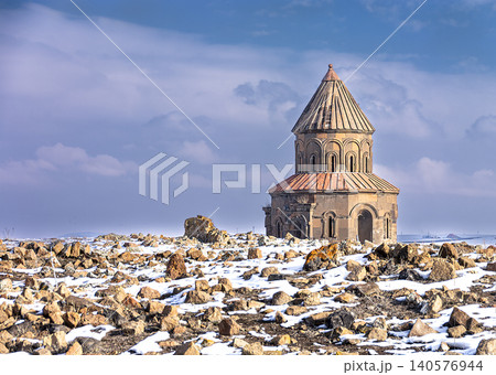 The ancient Church of Saint Gregory of Abughamrents under winter snow in Ani ruins, Kars, Turkey The ancient Church of Saint Gregory of Abughamrents under winter snow in Ani ruins, Kars, Turkey 140576944