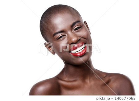 Portrait, beauty and black woman with cosmetics makeup and wellness isolated on white studio background. African person, face or model with skincare and dermatology with aesthetic or shine with glow 140577068