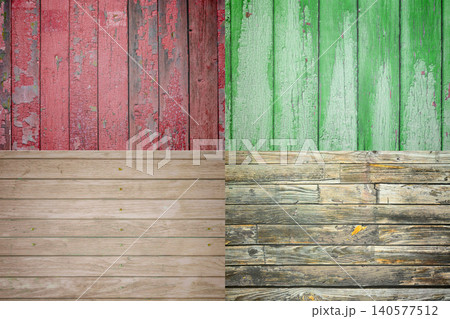 four options of colored wood textures with peeling paint 140577512