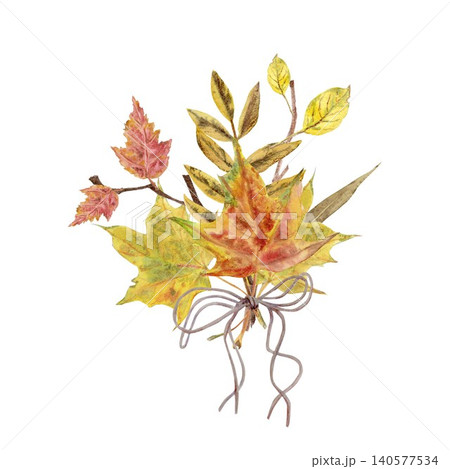 An autumn bouquet with red, yellow, beige, and orange leaves, tied with a bow, on an isolated background, hand-painted in watercolor. Simple botanical clip art for design. An autumn bouquet with red, yellow, beige, and orange leaves, tied with a bow, on an isolated background, hand-painted in watercolor. Simple botanical clip art for design. 140577534