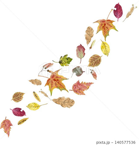 A square composition featuring a swirl of autumn leaves in red, yellow, beige, and orange, hand-painted in watercolor on an isolated background. Simple botanical clip art for design A square composition featuring a swirl of autumn leaves in red, yellow, beige, and orange, hand-painted in watercolor on an isolated background. Simple botanical clip art for design 140577536