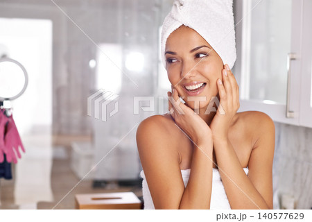 Shower, towel and vision with woman in bathroom of home for body care, cleaning or hydration routine. Beauty, skincare and thinking with confident young woman in apartment for morning grooming 140577629