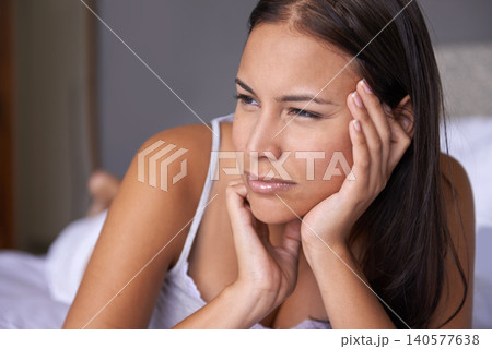 Woman, relax and thinking in bed with inspiration, future insight with ideas about dream at home. Solution, brainstorming and mindfulness, rest in bedroom with reflection or memory in the morning Woman, relax and thinking in bed with inspiration, future insight with ideas about dream at home. Solution, brainstorming and mindfulness, rest in bedroom with reflection or memory in the morning 140577638