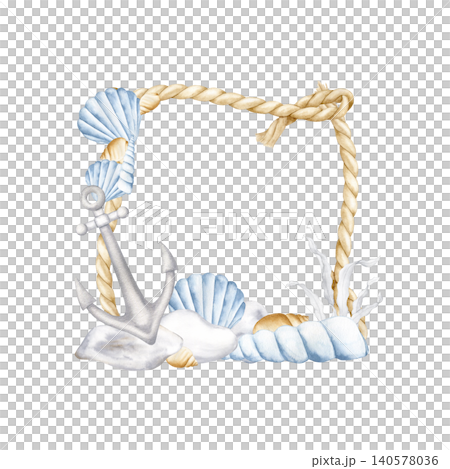 Watercolor nautical frame with rope, anchor and sea shells. Hand drawn marine border template with copy space for summer wedding invitations, greeting cards and nautical design projects. 140578036