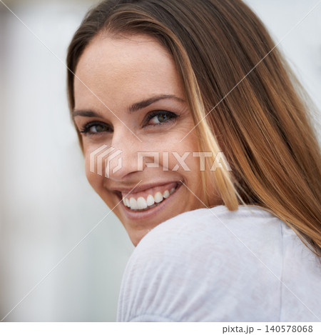 Portrait, woman and smile in city for leisure, calm and healthy in outdoor on weekend break. California, face and lady in nature on summer holiday, closeup and happy for relax travel in urban town 140578068