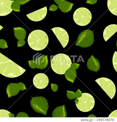 Minimalist Lime and Mint Seamless Pattern Vector Fresh Green Citrus Fruits and Peppermint Leaves on Black Background for Cocktail Wrapping Textile Asset 140578078