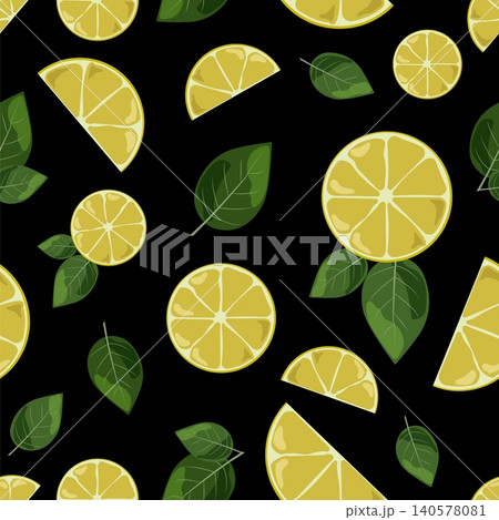 Minimalist Lemon and Mint Seamless Pattern Vector Fresh Yellow Citrus Fruits and Green Peppermint Leaves on Black Background for Textile Wrapping Asset Minimalist Lemon and Mint Seamless Pattern Vector Fresh Yellow Citrus Fruits and Green Peppermint Leaves on Black Background for Textile Wrapping Asset 140578081
