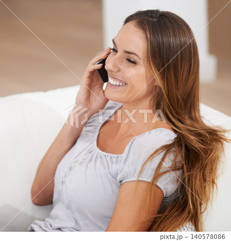 Woman, smile of phone call on sofa in conversation on mobile communication, technology or network. Happy, female person and smartphone as digital contact, gossip or funny talk for connection 140578086
