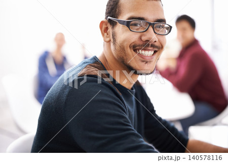 University, students and man in study group with happiness for exam preparation, teamwork and collaboration. Closeup, male person and smile or satisfied in class with notes for revision and test 140578116