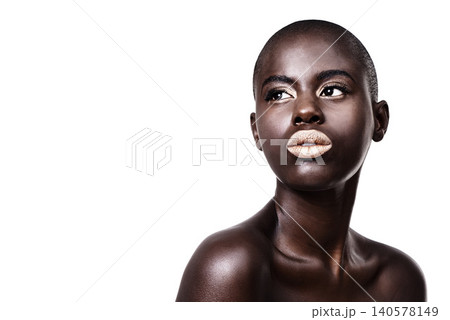 Mockup for black woman, thinking or makeup with lipstick, cosmetics or beauty space in studio. Gold color, bald head or African girl model with glow, eyeshadow or skincare results on white background Mockup for black woman, thinking or makeup with lipstick, cosmetics or beauty space in studio. Gold color, bald head or African girl model with glow, eyeshadow or skincare results on white background 140578149