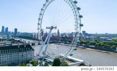 Drone point of view on downtown of London : The London Eye, Westminster Abbey in the background and the River Thames on a sunny summer day Drone point of view on downtown of London : The London Eye, Westminster Abbey in the background and the River Thames on a sunny summer day 140578163