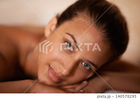 Portrait, peace and woman in spa to relax for vitality or wellbeing, luxury and pamper for body care or treatment. Female person, rest and calm or carefree for stress relief, zen wellness and therapy Portrait, peace and woman in spa to relax for vitality or wellbeing, luxury and pamper for body care or treatment. Female person, rest and calm or carefree for stress relief, zen wellness and therapy 140578295