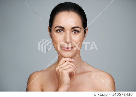 Model, studio and portrait with thinking, skin and care for treatment and proud. Woman, cosmetics and natural with lip gloss, glow and aesthetic for antiaging confidence isolated on white background Model, studio and portrait with thinking, skin and care for treatment and proud. Woman, cosmetics and natural with lip gloss, glow and aesthetic for antiaging confidence isolated on white background 140578430