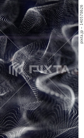 Abstract white particle mesh waves with flowing dotted surfaces on a dark background, creating a futuristic data visualization. 140578626