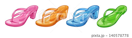 Shiny translucent flip flops, with and without heels in bright jelly colors and plastic appearance. Vector set of isolated footwear 140578778