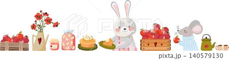 Horizontal autumn harvest seamless border with cute animals vector illustration Horizontal autumn harvest seamless border with cute animals vector illustration 140579130