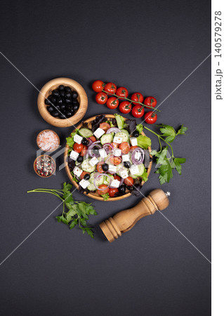 Fresh greek salad with vegetables, feta, and olives Fresh greek salad with vegetables, feta, and olives 140579278