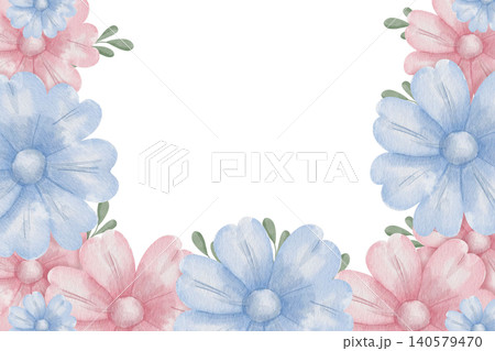 Watercolor floral frame with illustrations pink and blue daisy blossoms, rectangular botanical border with white copy space. For wedding invitations and seasonal greeting cards, anniversary Watercolor floral frame with illustrations pink and blue daisy blossoms, rectangular botanical border with white copy space. For wedding invitations and seasonal greeting cards, anniversary 140579470