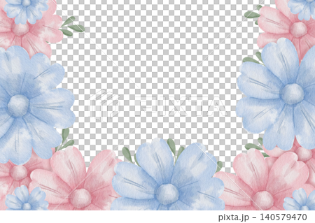Watercolor floral frame with illustrations pink and blue daisy blossoms, rectangular botanical border with white copy space. For wedding invitations and seasonal greeting cards, anniversary Watercolor floral frame with illustrations pink and blue daisy blossoms, rectangular botanical border with white copy space. For wedding invitations and seasonal greeting cards, anniversary 140579470