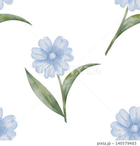 Seamless watercolor pattern of blue flower with green leaves, hand-drawn botanical illustration. Isolated on white background. For designing packaging, textiles, wedding invitations, flowers shops 140579483