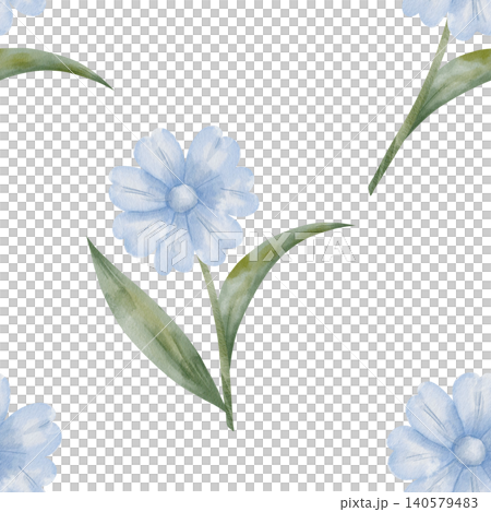 Seamless watercolor pattern of blue flower with green leaves, hand-drawn botanical illustration. Isolated on white background. For designing packaging, textiles, wedding invitations, flowers shops 140579483