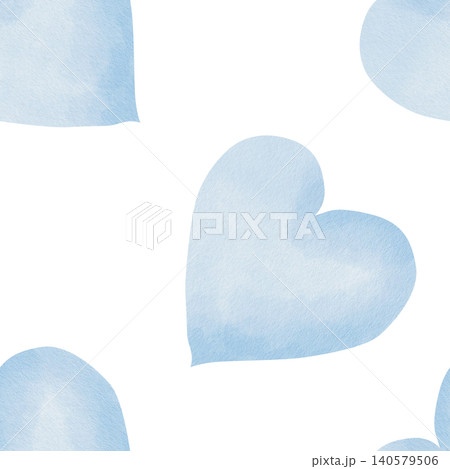 Seamless pattern of watercolor illustrations of soft blue hearts. Hand-drawn, white background. For decorating newborn nurseries, fabrics, gift wrapping, baby showers, prints Seamless pattern of watercolor illustrations of soft blue hearts. Hand-drawn, white background. For decorating newborn nurseries, fabrics, gift wrapping, baby showers, prints 140579506