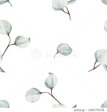 Watercolor seamless pattern with green eucalyptus branches and leaves, botanical illustration on white background for fabric design, wallpaper, interior, cosmetic packaging Watercolor seamless pattern with green eucalyptus branches and leaves, botanical illustration on white background for fabric design, wallpaper, interior, cosmetic packaging 140579536