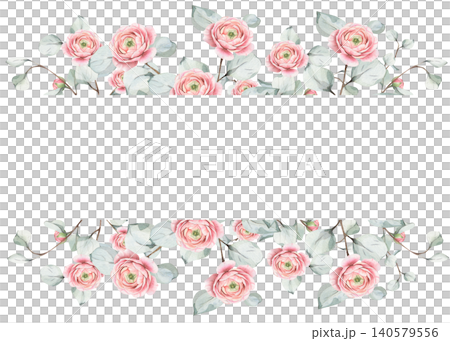 Horizontal watercolor frame with pink ranunculus flowers and eucalyptus leaves, borders with central copy space for wedding invitations, stationery, party, birthday card. Isolated on white background 140579556