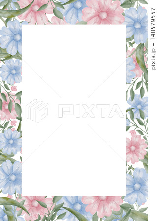 Delicate watercolor floral frame with pink and blue daisy blossom with green leaves, central rectangular border with copy space, for spring wedding invitations and flowers social media posts on white Delicate watercolor floral frame with pink and blue daisy blossom with green leaves, central rectangular border with copy space, for spring wedding invitations and flowers social media posts on white 140579557