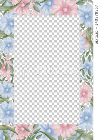 Delicate watercolor floral frame with pink and blue daisy blossom with green leaves, central rectangular border with copy space, for spring wedding invitations and flowers social media posts on white Delicate watercolor floral frame with pink and blue daisy blossom with green leaves, central rectangular border with copy space, for spring wedding invitations and flowers social media posts on white 140579557