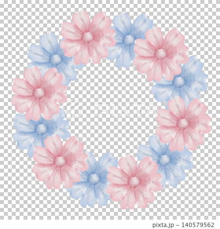 Delicate watercolor wreath with hand-drawn pink and blue daisy flowers in circular botanical frame for spring wedding invitations, greeting card design, baby shower. space for text, isolated on white Delicate watercolor wreath with hand-drawn pink and blue daisy flowers in circular botanical frame for spring wedding invitations, greeting card design, baby shower. space for text, isolated on white 140579562