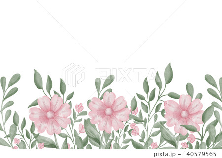 Seamless watercolor horizontal border with pink daisies flowers, cosmos and green leaves on white background. Floral vintage illustration for banners, postcards, wallpaper design, interior decor. Seamless watercolor horizontal border with pink daisies flowers, cosmos and green leaves on white background. Floral vintage illustration for banners, postcards, wallpaper design, interior decor. 140579565